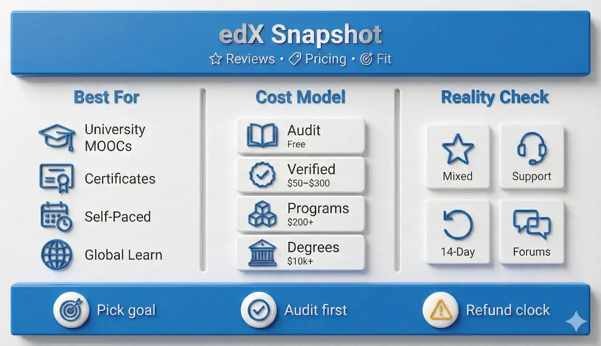 edX snapshot infographic showing who it’s for, cost tiers from audit to degrees, and key decision cues for students.