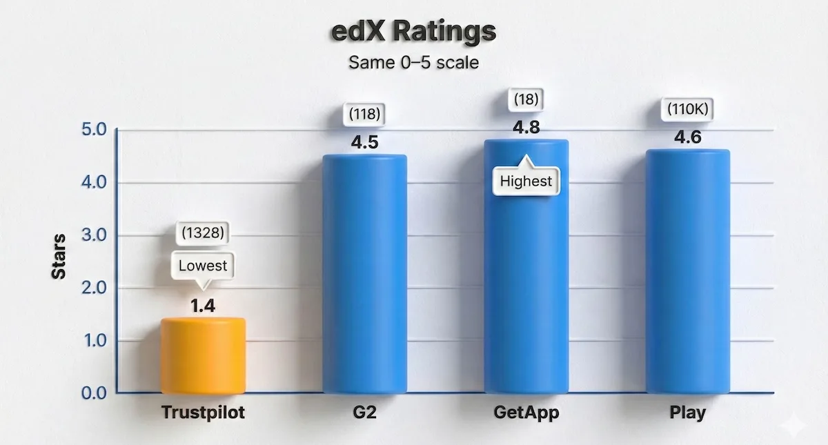 Bar chart comparing edX ratings on Trustpilot, G2, GetApp, and Google Play using a consistent 0–5 star scale.