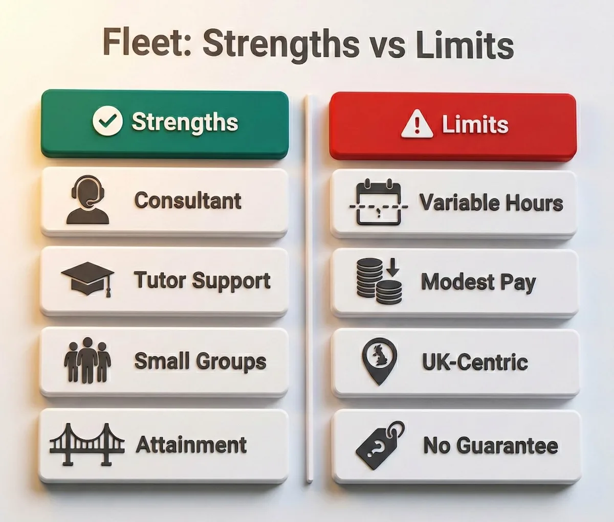 Pros and cons panel for Fleet Education Services showing key strengths like tutor support and key limits like UK focus and unclear guarantees.