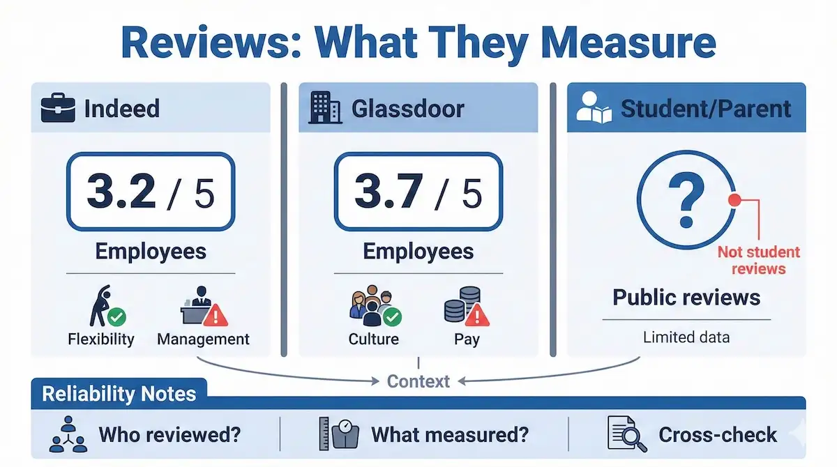 Infographic comparing Fleet Education Services review sources, showing employee ratings and noting limited public student/parent reviews.