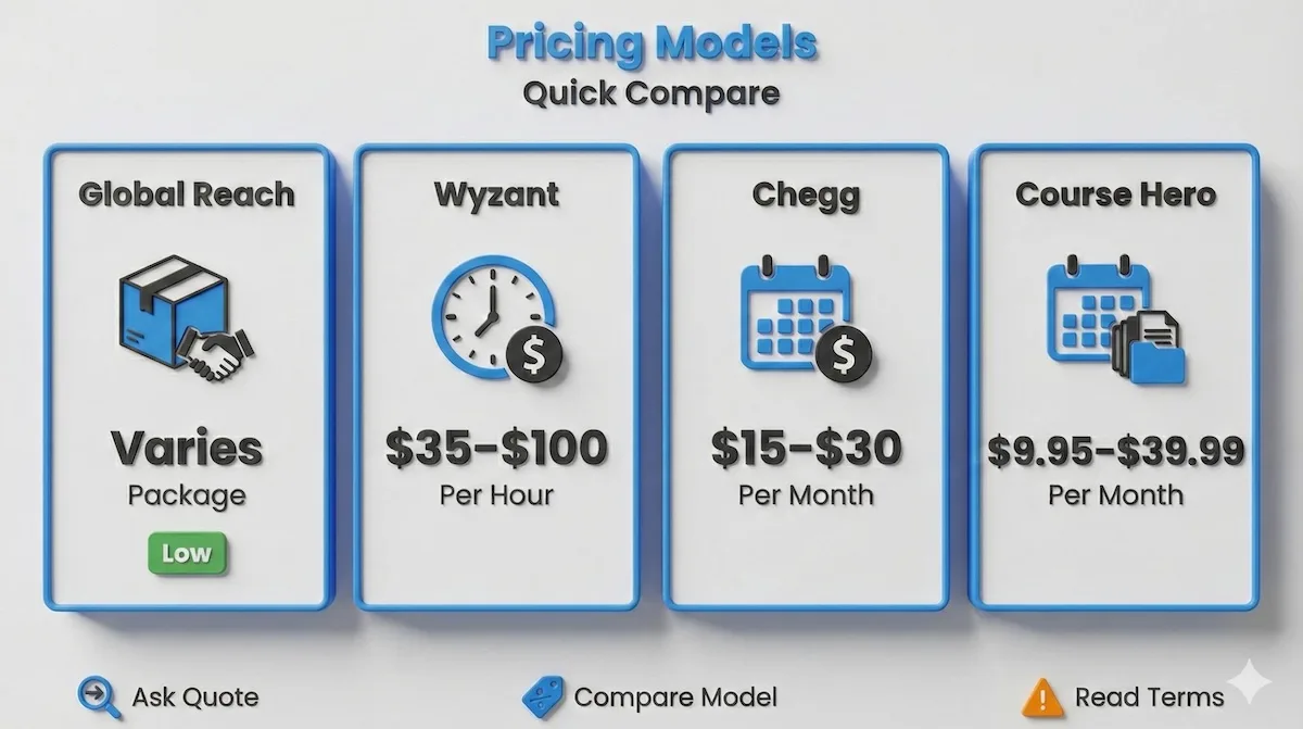 Pricing models infographic comparing Global Reach package pricing vs Wyzant hourly rates and Chegg/Course Hero monthly subscriptions.