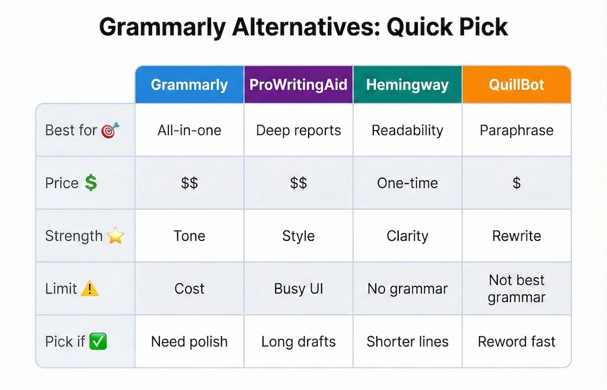 Comparison matrix of Grammarly alternatives—ProWritingAid, Hemingway, and QuillBot—showing best use, price style, strengths, and limits.