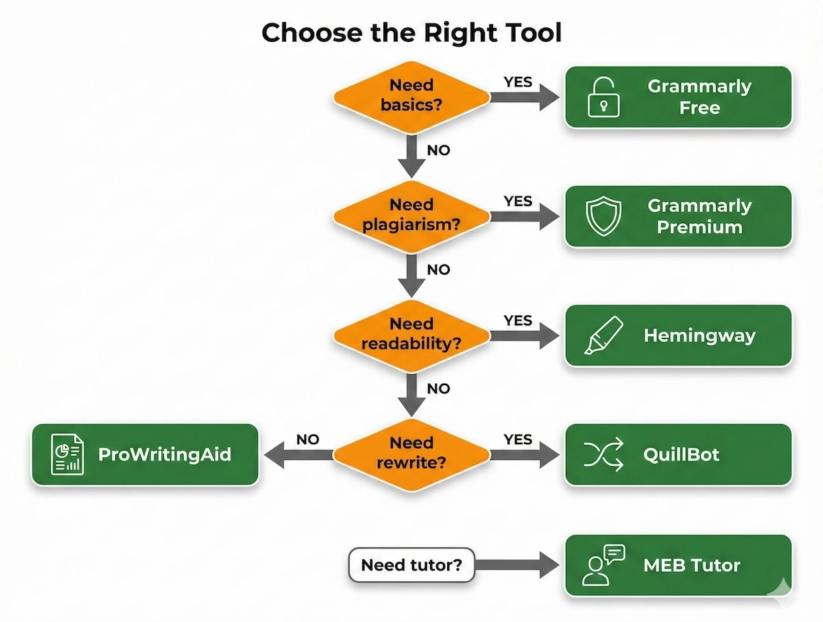 Decision tree helping students choose Grammarly Free or Premium versus Hemingway, QuillBot, ProWritingAid, or an MEB tutor based on needs.