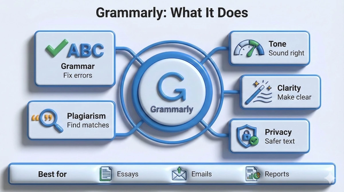 Grammarly feature map showing grammar, tone, clarity, privacy, and plagiarism checks for students writing essays and reports.