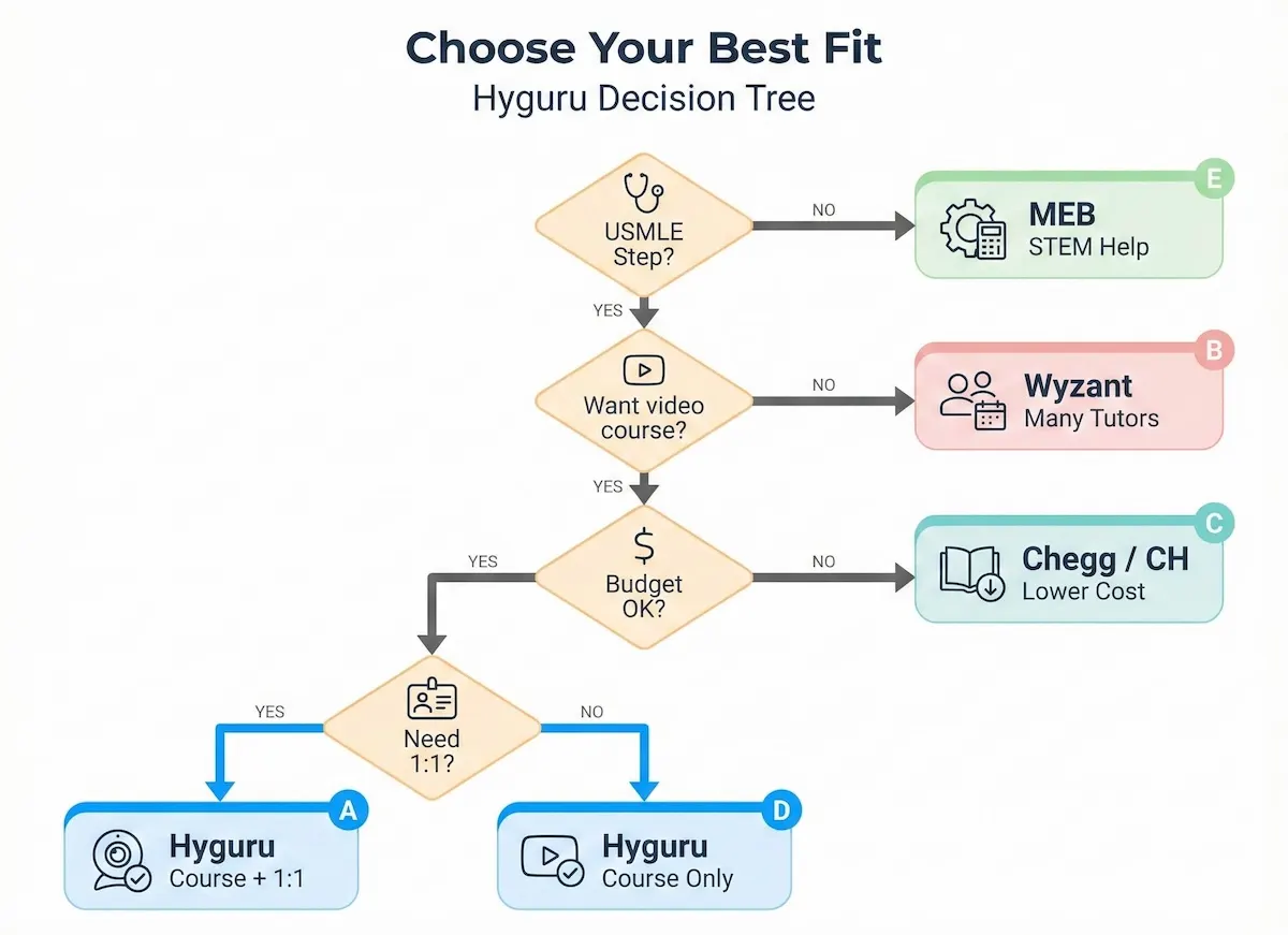 Decision tree from Hyguru reviews guiding USMLE students to Hyguru, Wyzant, Chegg/Course Hero, or MEB based on budget and 1:1 needs.