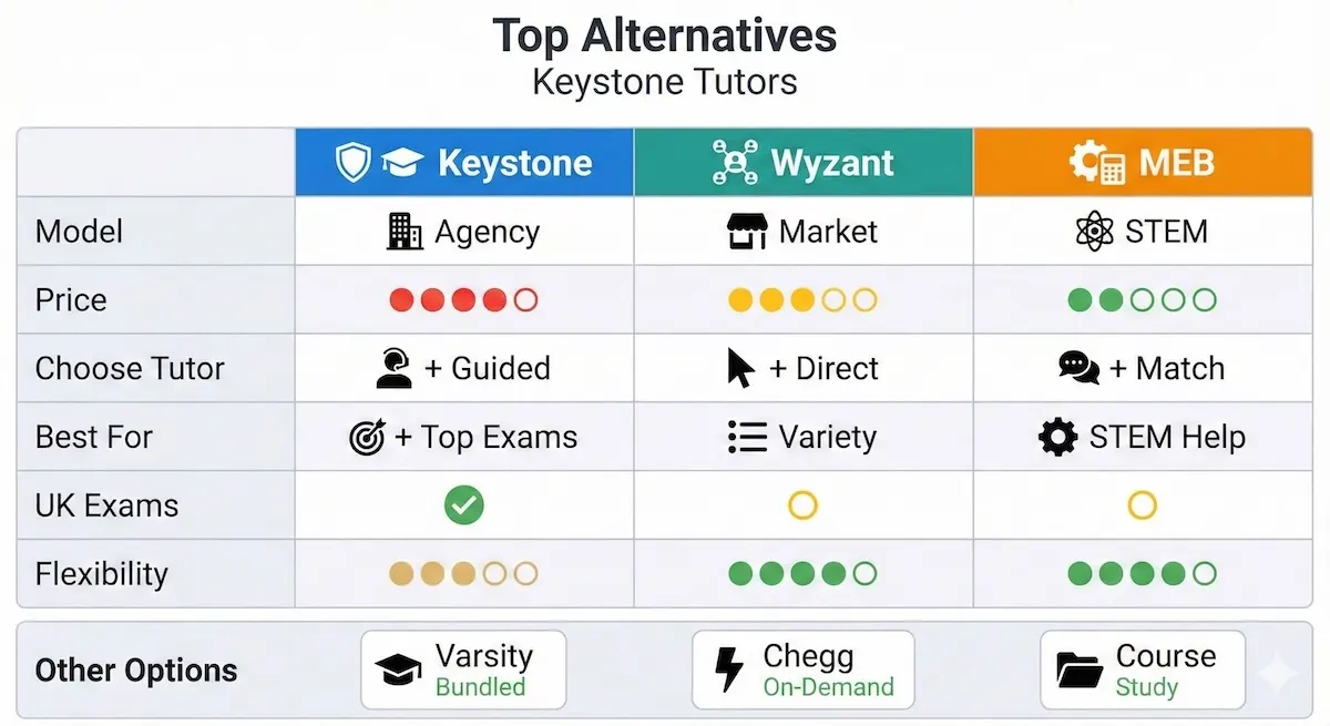 Comparison table of Keystone Tutors vs Wyzant vs My Engineering Buddy across price level, tutor matching, focus area, and best-fit use cases.