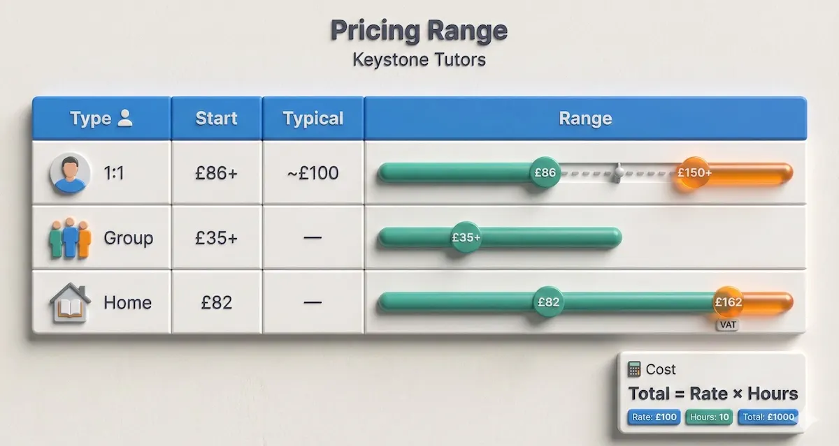 Pricing chart for Keystone Tutors showing 1:1, group, and homeschooling hourly ranges in GBP with a simple total cost = rate × hours calculator.