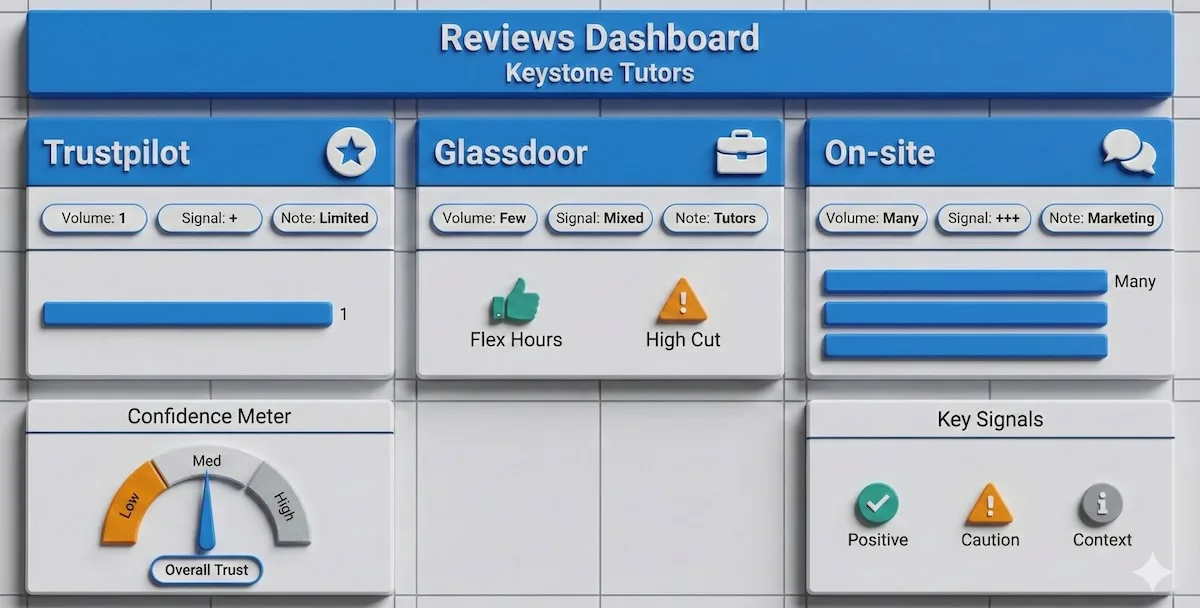 Chart comparing Keystone Tutors reviews: Trustpilot, Glassdoor, and official testimonials with volume, sentiment signals, and trust confidence.
