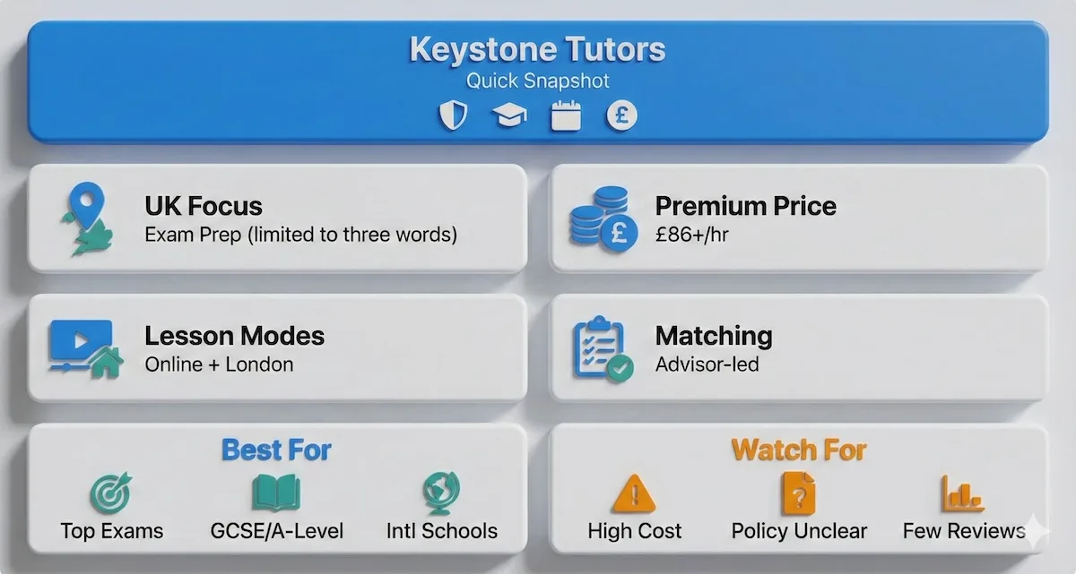 Infographic summary of Keystone Tutors: UK exam-focused tutoring agency, premium pricing range, delivery modes, and key watch-outs.