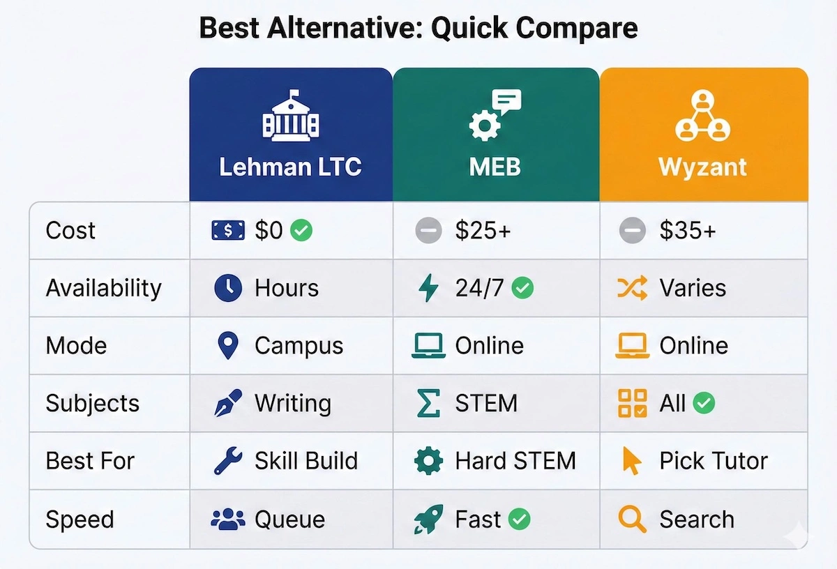 Comparison table of Lehman Tutoring Center vs My Engineering Buddy vs Wyzant showing cost, availability, mode, subjects, best-for, and speed.