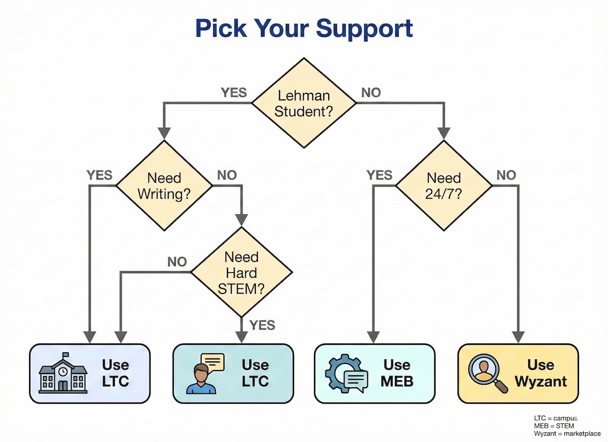 Decision tree helping readers choose Lehman Tutoring Center vs My Engineering Buddy vs Wyzant based on student status, subject type, and urgency.