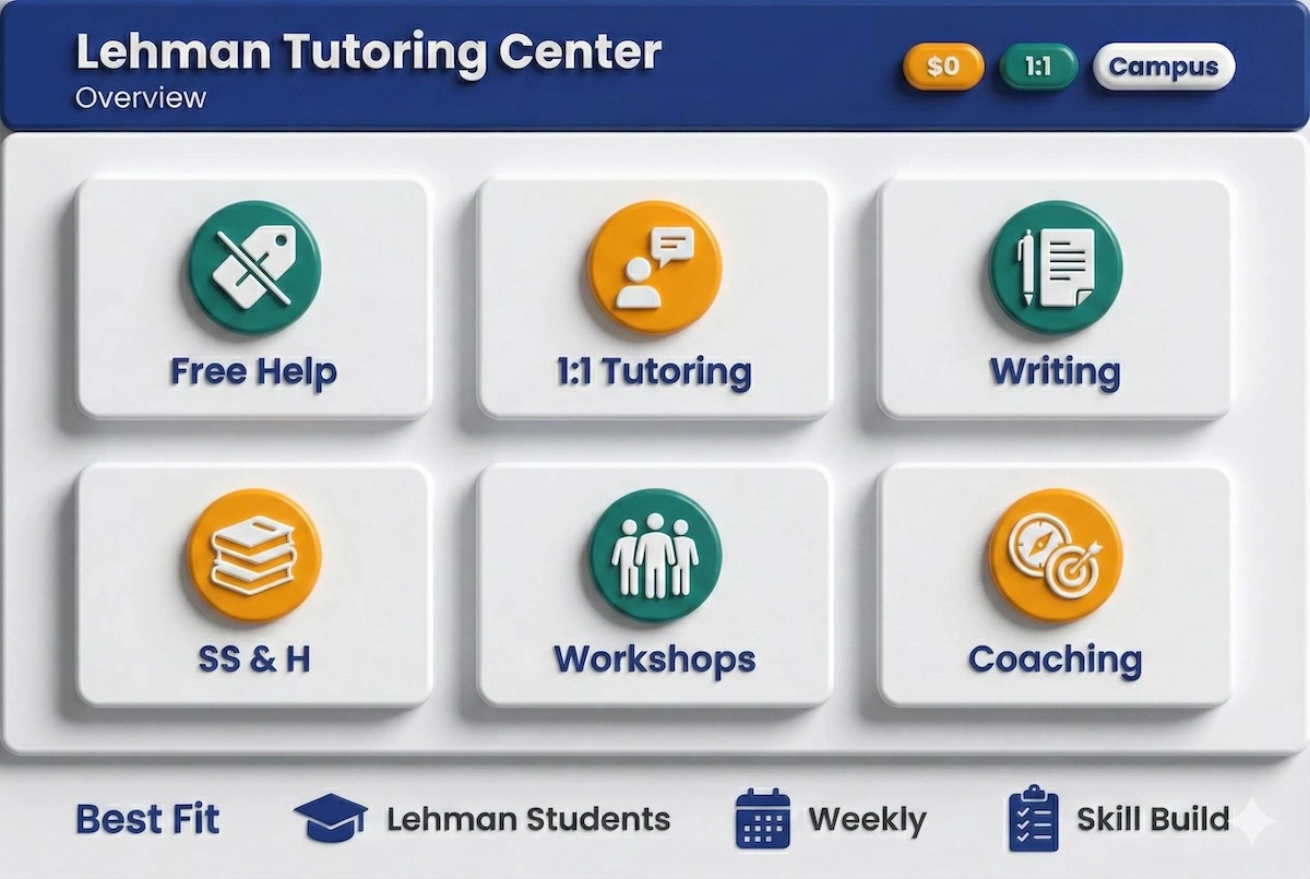 Snapshot cards showing Lehman Tutoring Center services—free 1:1 tutoring, writing help, workshops, coaching, and best-fit icons.