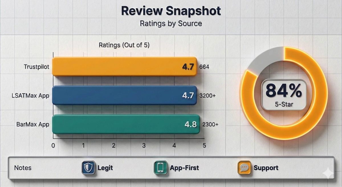 Chart showing LSATMax and BarMax ratings from Trustpilot and App Store, plus Trustpilot 5-star share for quick review comparison.