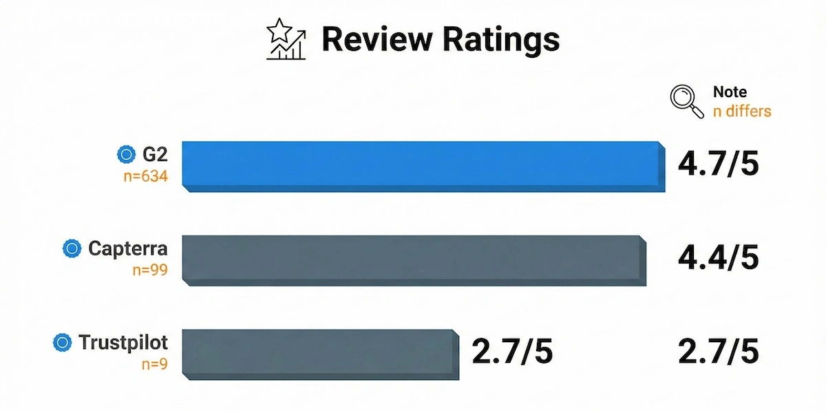Bar chart comparing Mentimeter ratings on G2, Capterra, and Trustpilot with review counts to explain credibility at a glance.