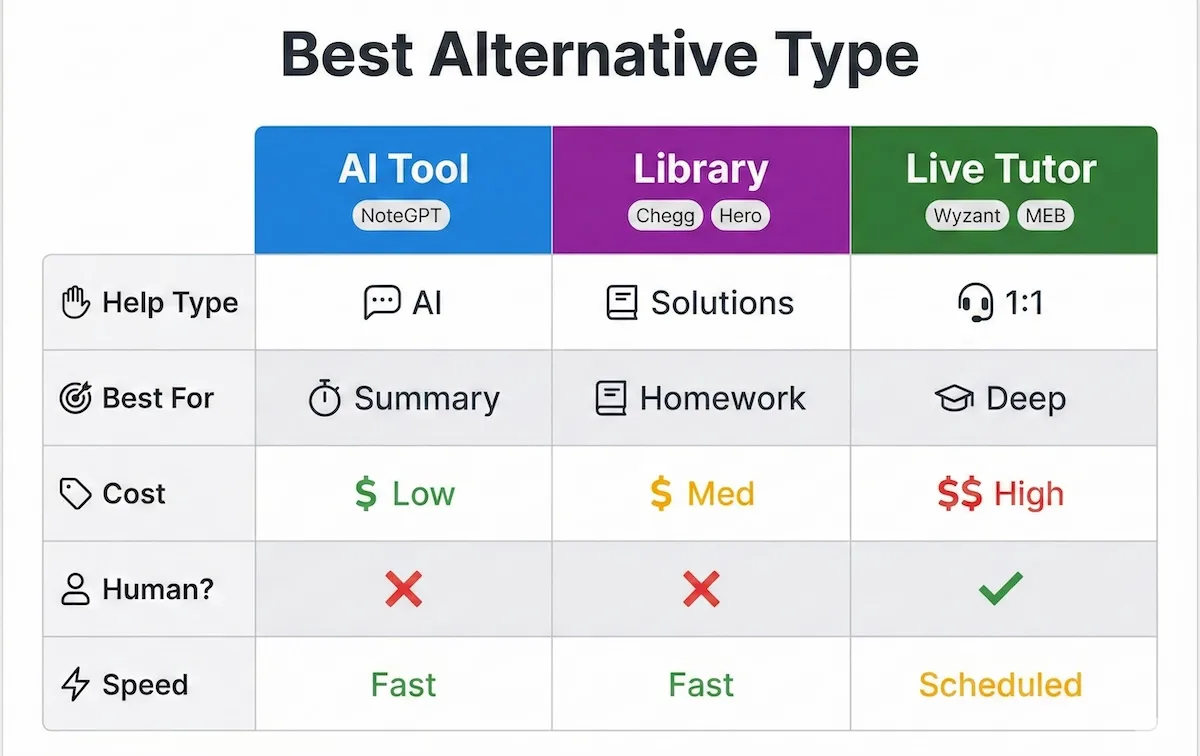 Comparison matrix showing NoteGPT vs Chegg/Course Hero vs Wyzant/MEB across help type, cost range, human support, and speed quickly.