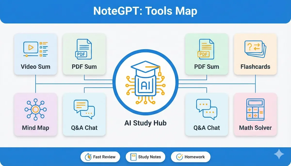 Feature map infographic showing NoteGPT tools for video, PDF, flashcards, mind maps, chat, and math solver around a central AI icon.