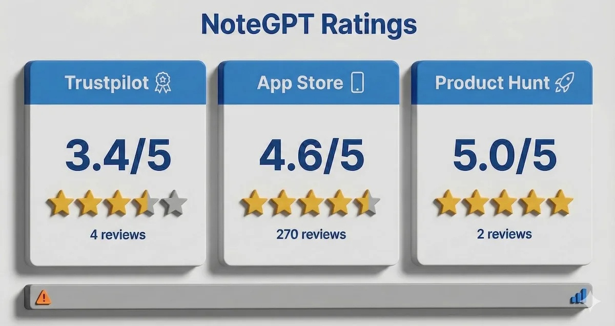 Rating snapshot chart comparing NoteGPT reviews on Trustpilot, Apple App Store, and Product Hunt with star ratings and review counts.