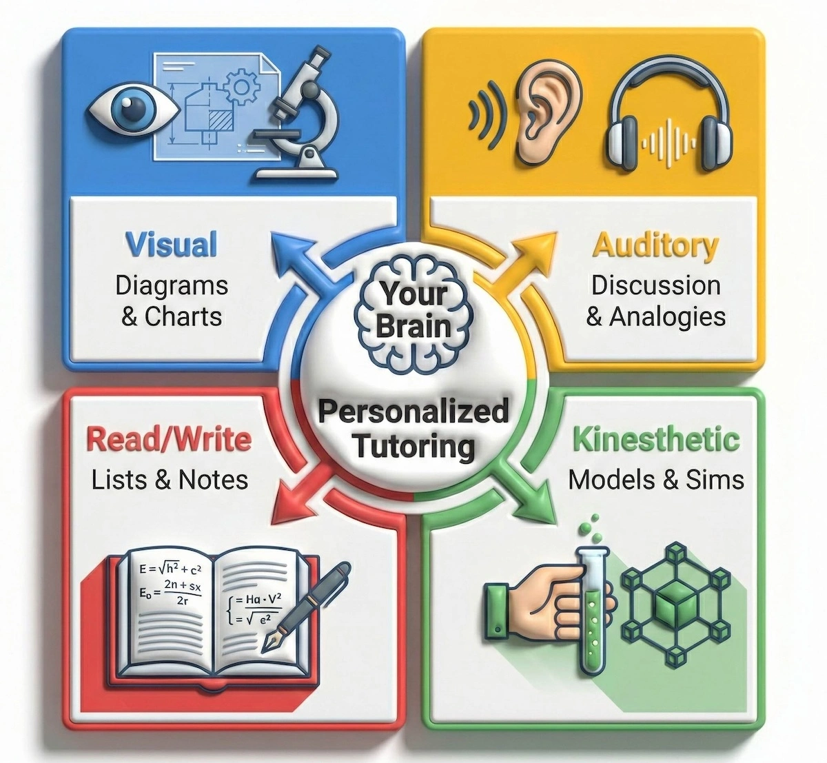 Online Biology Tutor Infographic showing the four VARK learning styles: Visual, Auditory, Reading/Writing, and Kinesthetic, illustrating how online biology tutors adapt to different student needs.