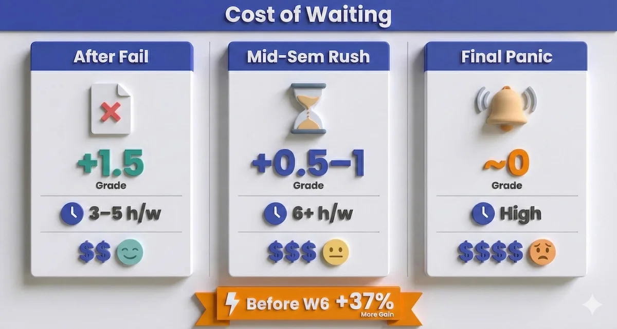 Comparison cards showing how early online chemistry tutoring leads to bigger grade gains and lower time, cost, and stress.