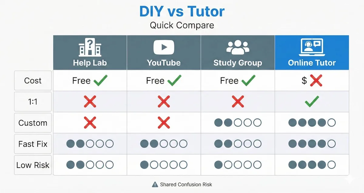 Comparison table of help lab, YouTube, study groups, and online chemistry tutor options with cost, personalization, and risk indicators.