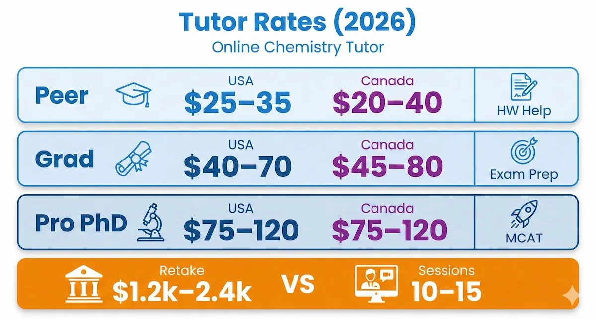 Pricing ladder showing online chemistry tutor hourly rates in the USA and Canada plus an ROI comparison against retaking a course.