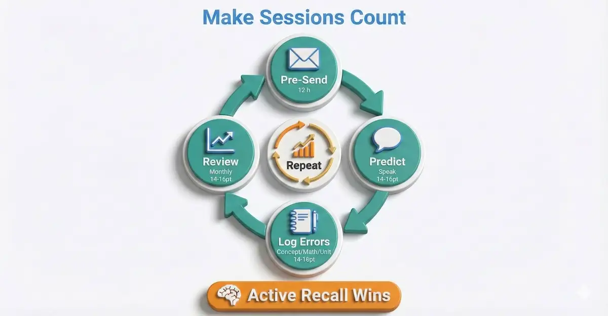 Circular workflow showing how to make online chemistry tutoring sessions count: prep, predict steps, log errors, and monthly review.