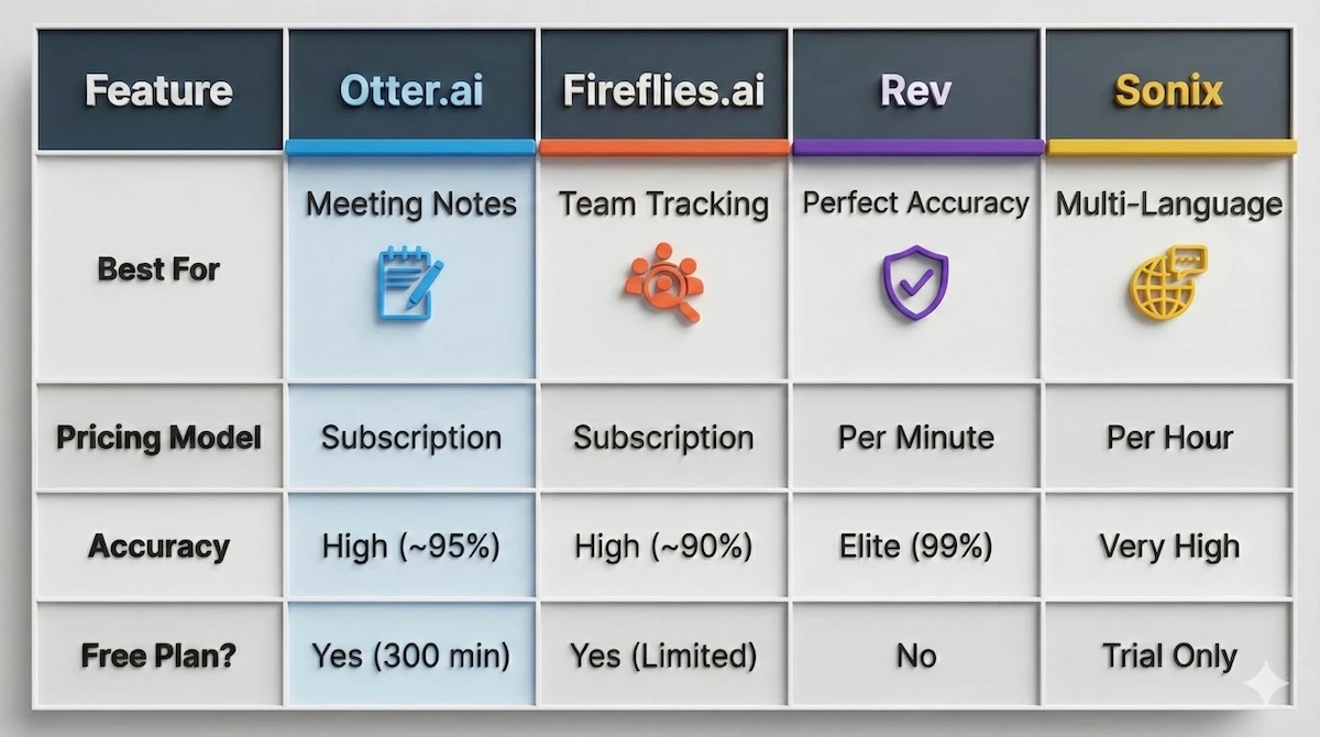 Comparison table of Otter.ai vs Fireflies vs Rev vs Sonix showing differences in pricing, accuracy, and best use cases for students.