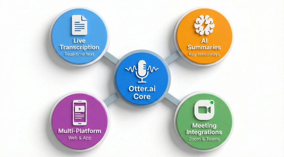Concept illustration showing core Otter.ai features including live transcription, AI summaries, meeting integrations for Zoom and Teams, and mobile app support.