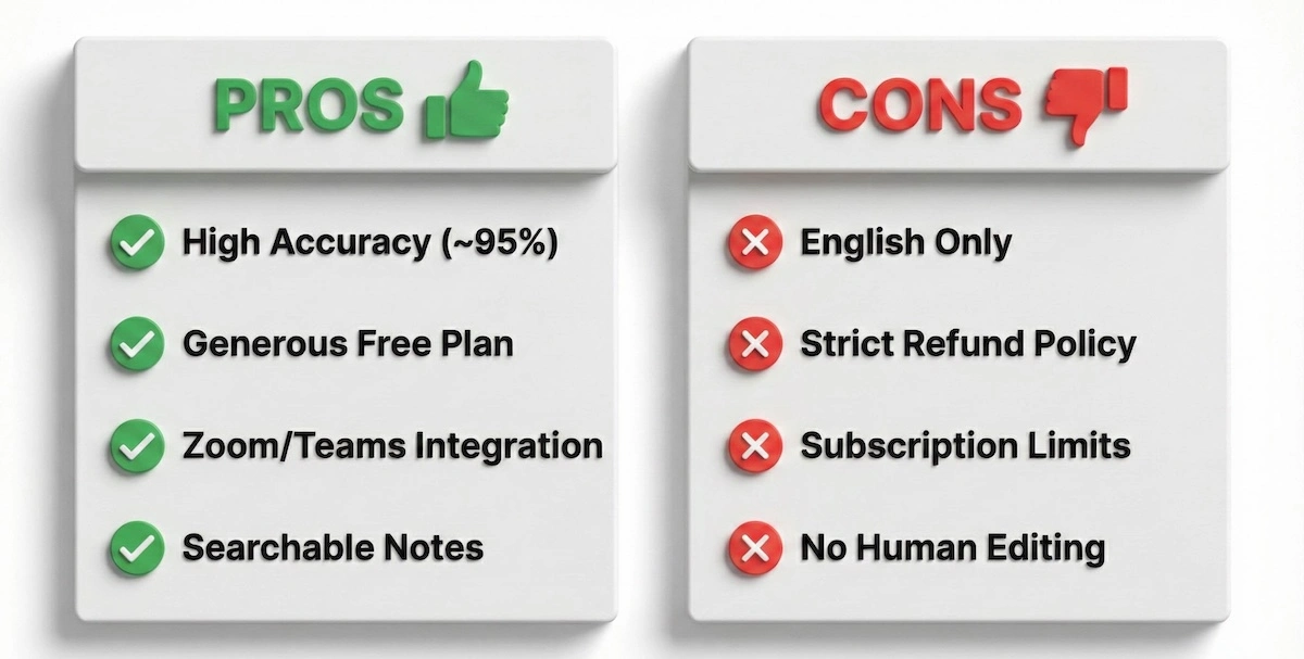 Pros and cons list for Otter.ai highlighting accuracy and integrations as benefits, with language limitations and refund policies as drawbacks.