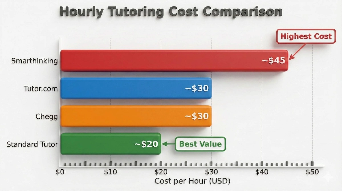 Bar chart comparing Pearson Smarthinking pricing of $45 per hour against competitors like Chegg and standard tutors at $20-30 per hour.