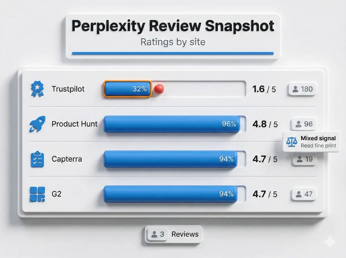 Perplexity reviews chart comparing Trustpilot, Product Hunt, Capterra, and G2 ratings with review counts for quick credibility scan.