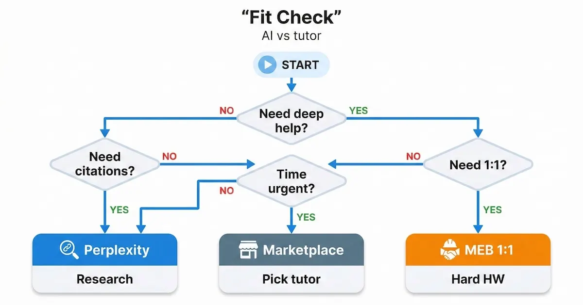 Decision flowchart helping students choose Perplexity vs tutor marketplace vs My Engineering Buddy 1:1 based on depth, citations, urgency, and guidance needs.