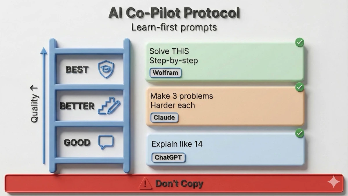 Ladder infographic showing the AI co-pilot protocol for physics homework with good, better, best prompts and tool labels for safer learning.