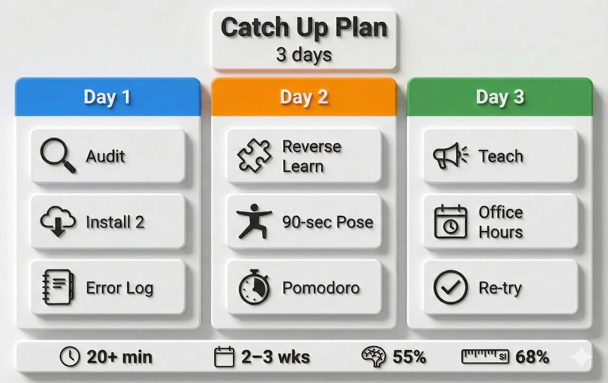 Three-day physics homework catch-up plan with day-by-day task chips for auditing workflow, reverse learning, teaching concepts, and re-attempting problems.