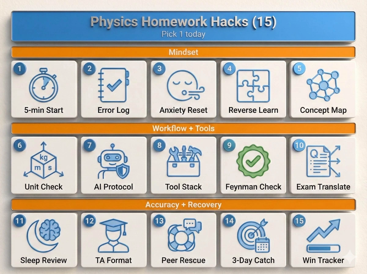 Grid roadmap of 15 physics homework hacks with icons, grouped by mindset, workflow/tools, and accuracy/recovery steps.