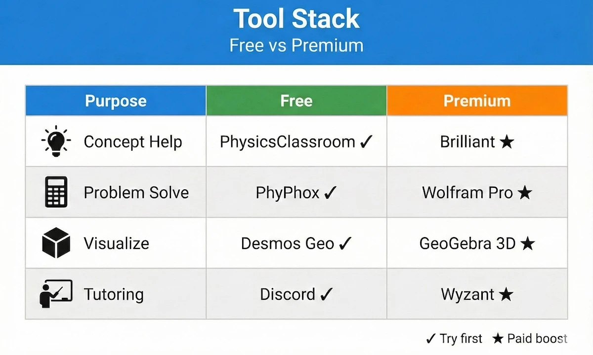 Comparison table of physics homework tools in 2026 showing purpose, free options, and premium upgrades for concept help, solving, visuals, and tutoring.