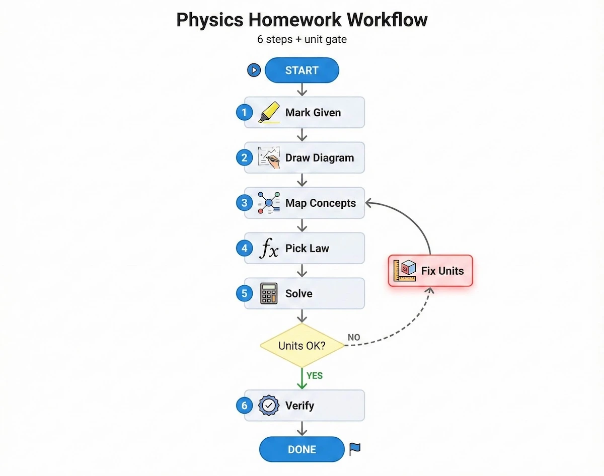 Flowchart showing a 6-step physics homework workflow with a unit-check decision gate and a fix-units loop for accuracy.