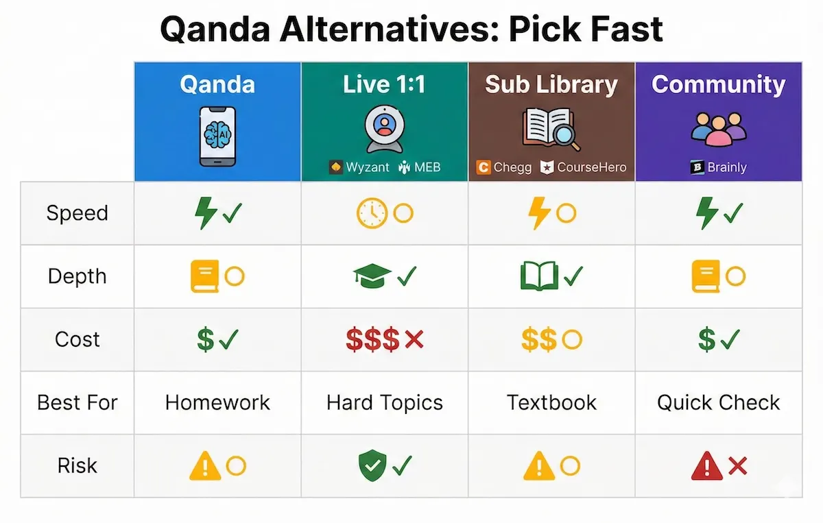 Comparison table of Qanda alternatives showing speed, depth, cost, best use, and risk across live tutoring, subscriptions, and community help.