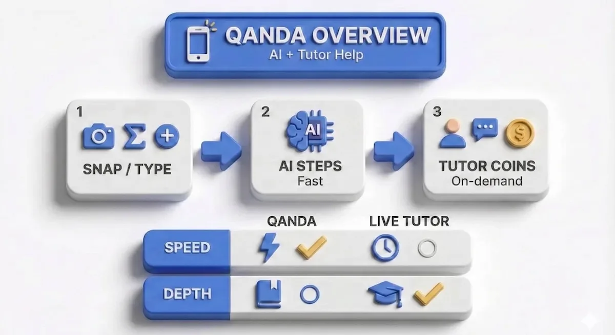 Infographic showing how Qanda works at a glance: snap or type questions, get AI steps, and use coins for tutor help.