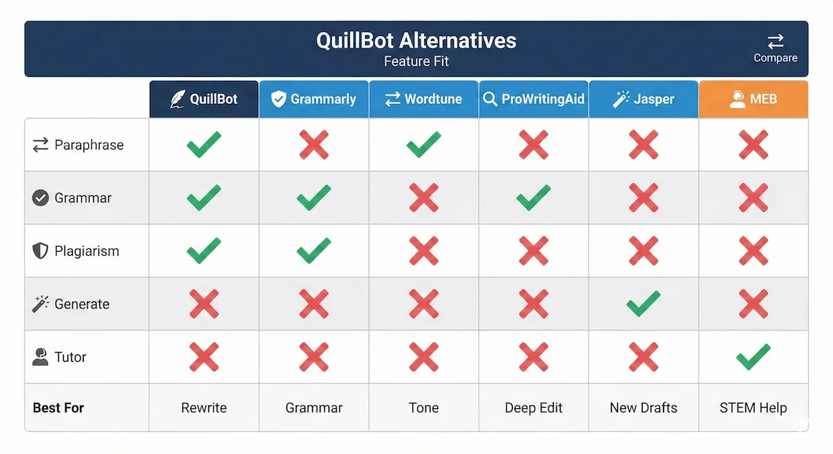 Comparison table of QuillBot alternatives—Grammarly, Wordtune, ProWritingAid, Jasper, and MEB—using icons for key features.