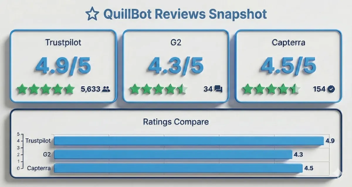 Dashboard comparing QuillBot reviews across Trustpilot, G2, and Capterra with ratings and review counts in one chart.