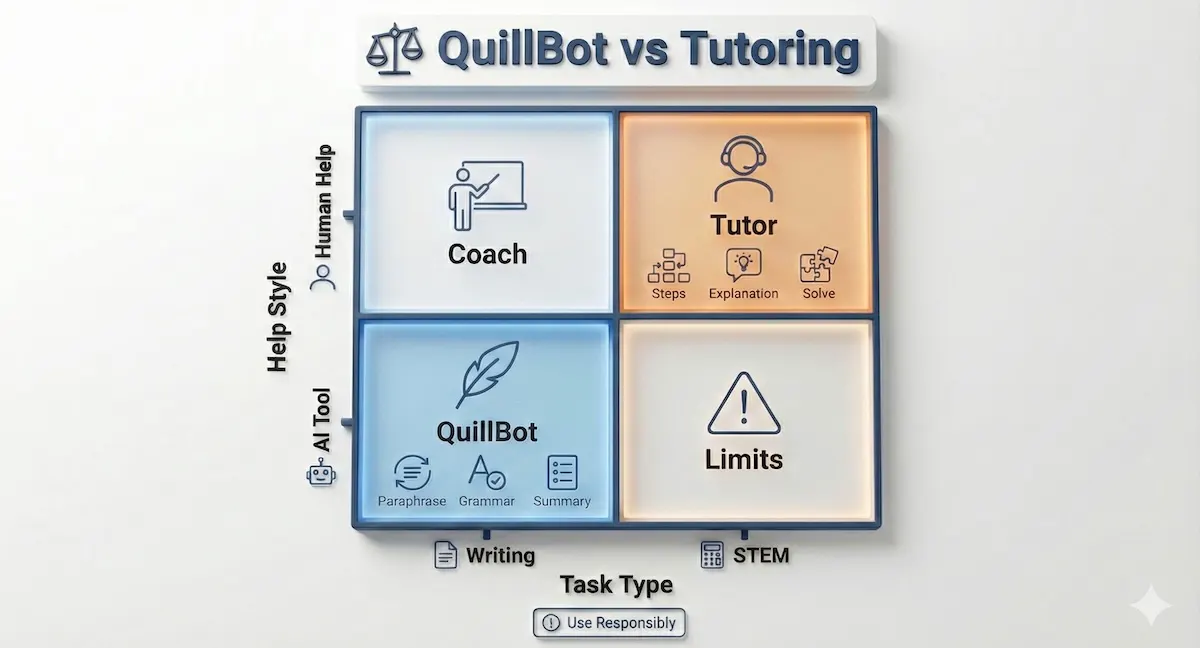 2×2 matrix showing QuillBot vs tutoring by task type (writing vs STEM) and help style (AI tool vs human help) for students.