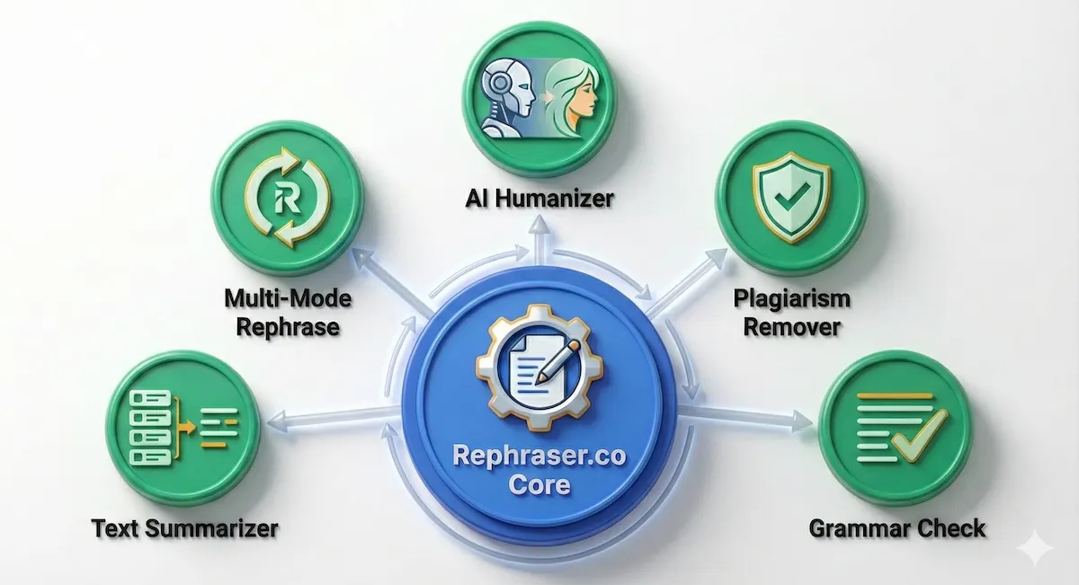 Concept map showing Rephraser.co features: AI Humanizer, Plagiarism Remover, Grammar Check, Summarizer, and Rephrasing modes.