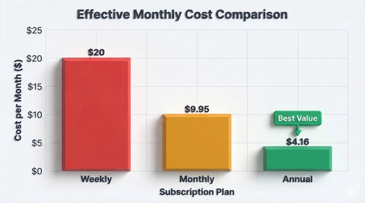 Bar chart comparing Rephraser.co pricing plans showing the Annual plan is effectively $4.16 per month versus $20 for weekly.