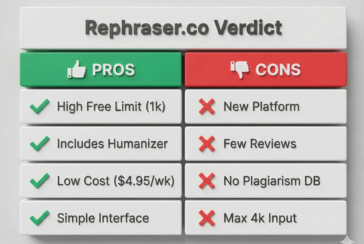 Pros and cons summary table for Rephraser.co highlighting high free limits vs lack of established reputation.