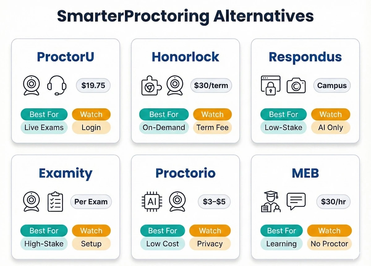 Comparison grid of SmarterProctoring alternatives in 2025 showing proctor type icons and typical cost model for ProctorU, Honorlock, Respondus, Examity, Proctorio, and MEB.