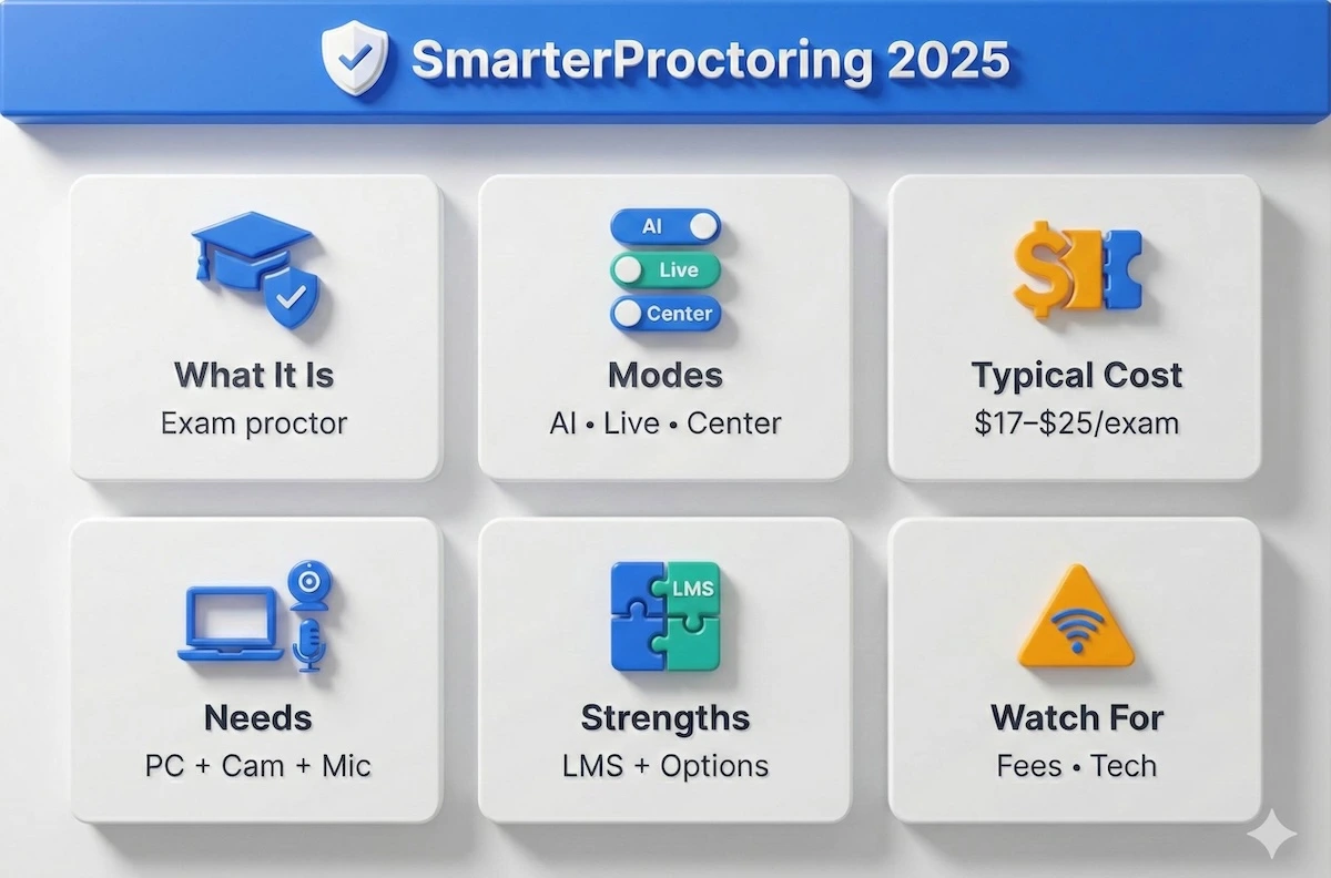 SmarterProctoring snapshot infographic showing exam proctoring modes, typical per-exam cost range, requirements, pros, and risks.