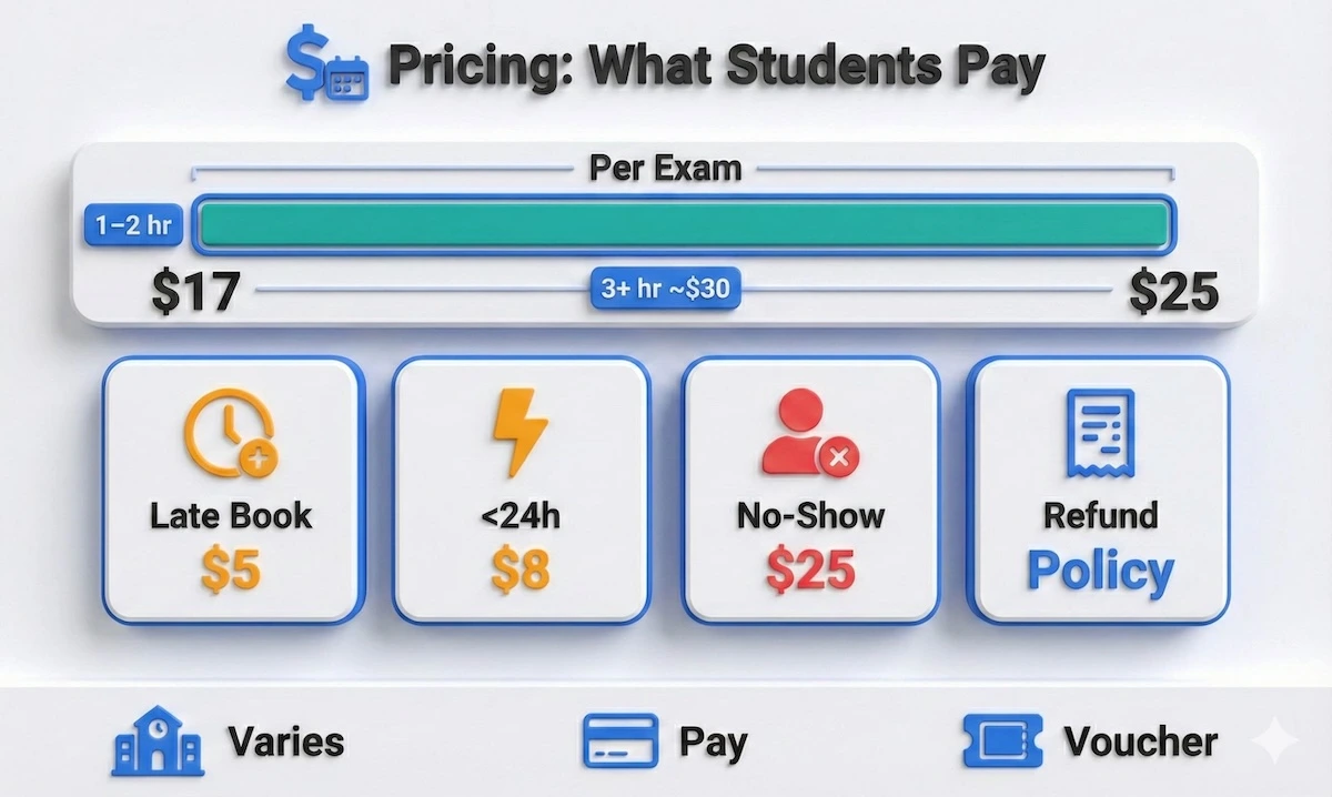 SmarterProctoring pricing infographic showing per-exam fee range, longer-exam estimate, and common add-on fees like late booking and no-show.