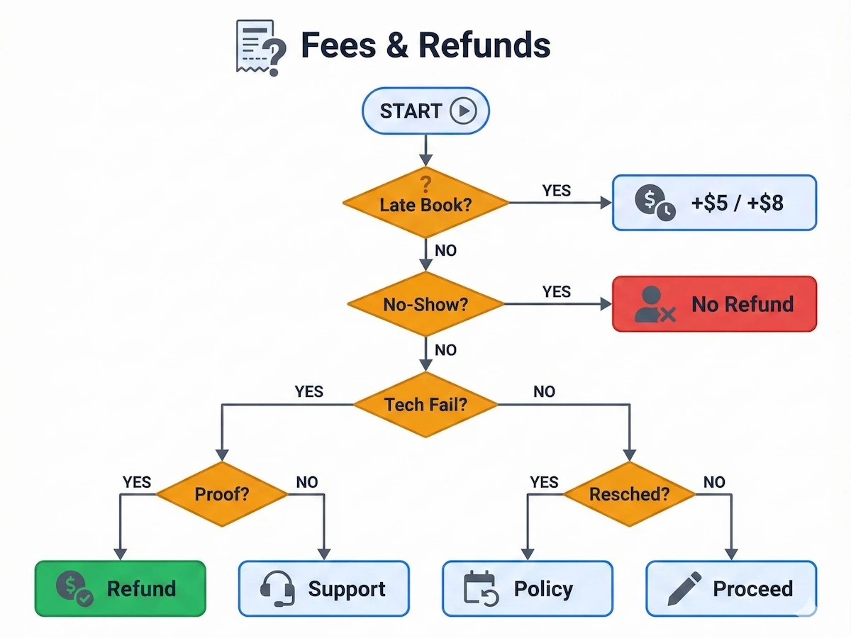 Decision-tree infographic explaining SmarterProctoring late-booking fees and refund outcomes for no-shows, technical failures, reschedules, and support steps.