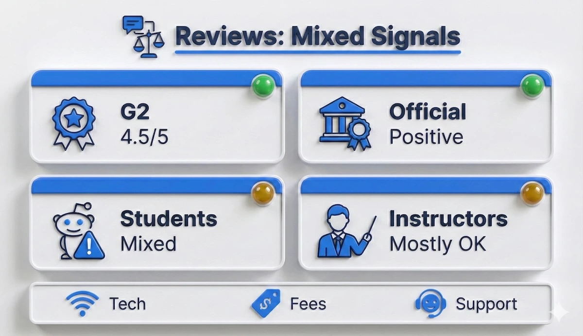Infographic mapping SmarterProctoring review sources (G2, official, students, instructors) with simple sentiment indicators and key complaint themes.